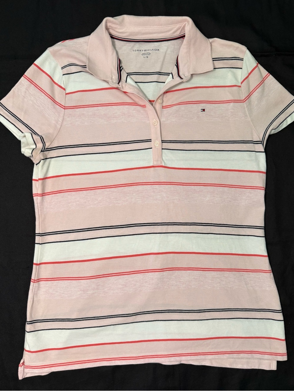 Tommy Hilfiger Women’s Large Pink Striped Polo Shirt Cotton Stretch Logo Buttons